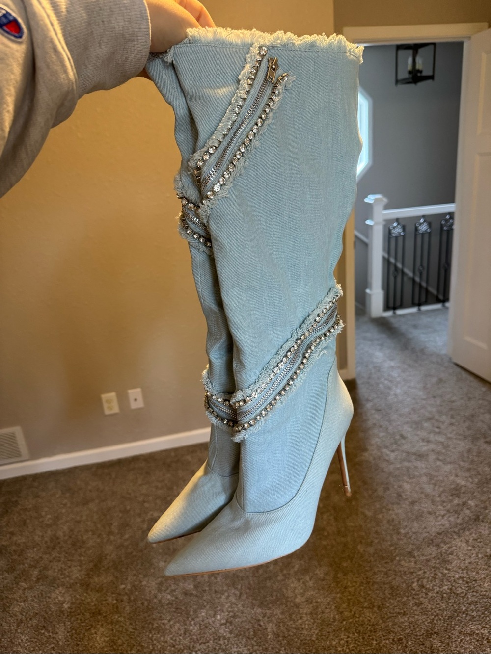 PLT Light Blue Denim Point Toe Diamante Zip High Stiletto Knee High Boots